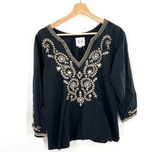 Beach to Bistro Sigrid Olsen embroidered floral scandi-shic blouse black top L